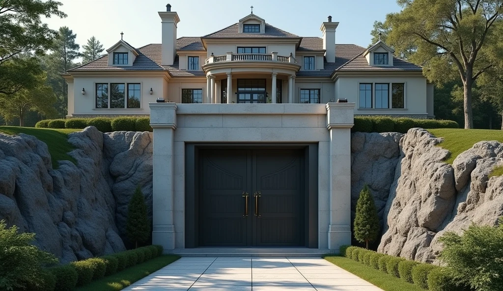 image of an underground clean bunker outside the big mansion with a heavy metal door