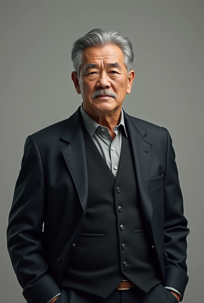man with gray hair, arms down