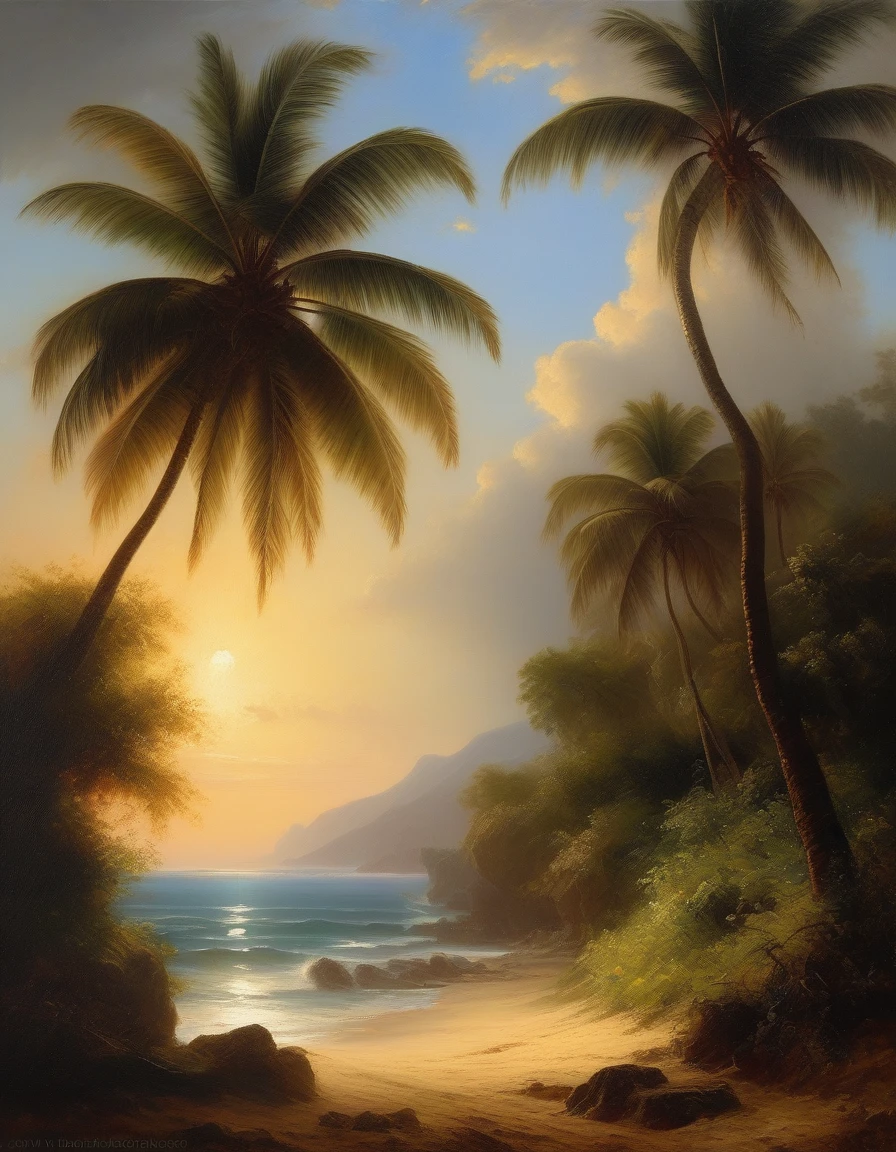John Constable Style - Hyper réalisme .beautiful light, balanced, tropical hawaii landscape, palms, an art peinture by William-Adolphe Bouguereau, meilleure qualité, Ultra réaliste: 1.2), Haute résolution, Ultra-détaillé, peinture_ (moyen) artistic, atmospheric, fine brushwork, impasto, detailed oil paint, Rembrandt, Da Vinci, Caravaggio, Vermeer, in the style of an Old Master oil painting