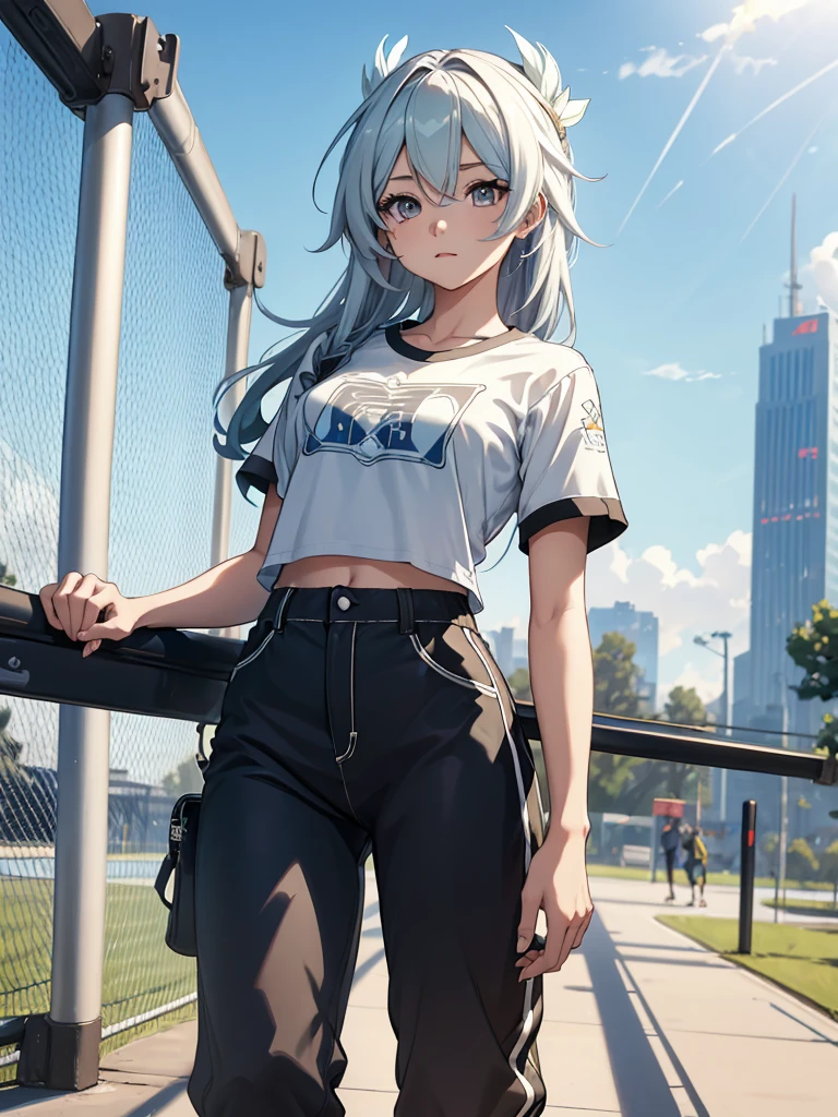 (Firfly from Honkai starrail game), 1girl, as an athlete, wearing a sports t-shirt and pants, at a playground , 8k, high detailed, high quality