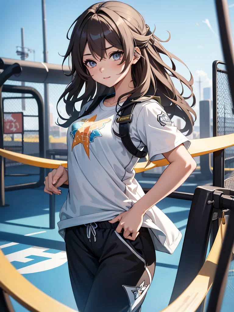 (Firfly from Honkai starrail game), 1girl, as an athlete, wearing a sports t-shirt and pants, at a playground , 8k, high detailed, high quality