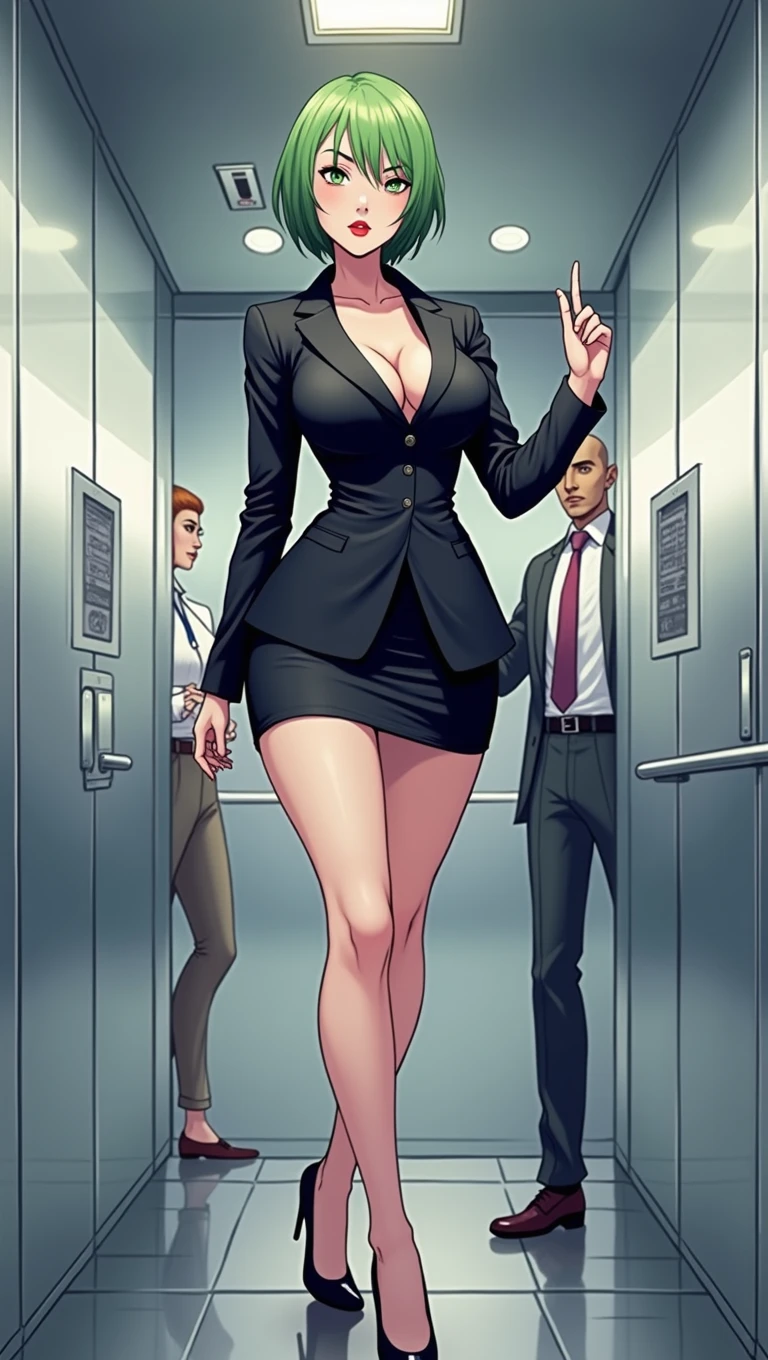 Third person view, Vin in the elevator, [Vin] a beautiful-looking girl, human, female, 25, short green hair, slim and hot figure, wearing a sexy office suite, micro skirt and high heeled pumps. Co-workers are giving glances. Show co-workers. American comic book.