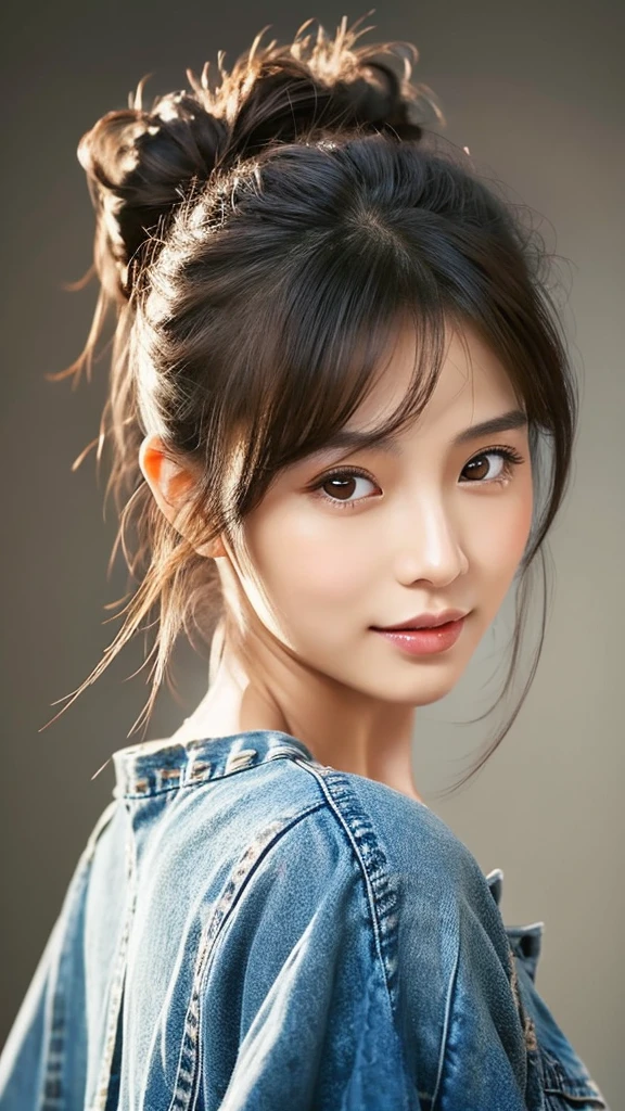 (Realistic) Insanely beautiful asian lady with messy bun hairstyle and brown eyes, cute and attractive facial expressions, natural skin color, godly perfect body (highly detailed) , cinematic lightings , wearing denim dress (highly detailed) , incredible lips , full body image highly detailed from top to bottom