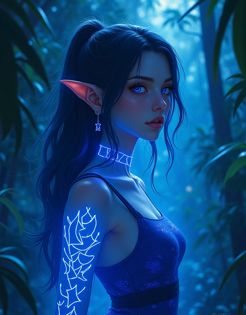 Beautiful and gorgeous elf, neon midnight indigo, elf woman, elf punk, glowing white tattoo, glittering, jungle, dark, siting , cool pose, beautiful magical creature like jaguar, glowing, blue stripe, firecy, both look gorgeous and firecy, forest, beautiful anime style, illustration, uhd in the style, hyperrealistic realistic,