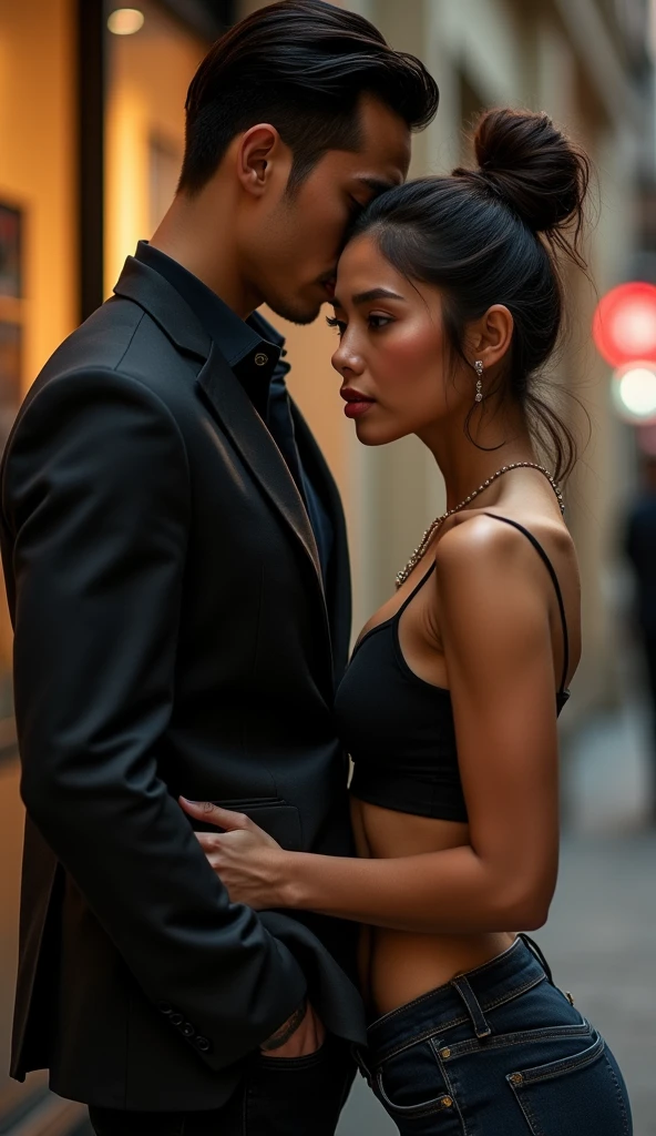 Swarthy Asian Girl with dark brown hair in tight-fitting narrow jeans and the man stands to the girl ass side view 