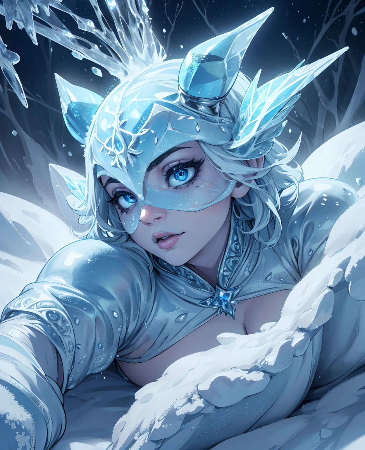 A tiny ice frog, extremely detailed, highly detailed, intricate, frozen, beautiful ice crystals, snow, winter, icy, (best quality,4k,8k,highres,masterpiece:1.2),ultra-detailed,(realistic,photorealistic,photo-realistic:1.37),horror,fantasy,cinematic lighting,dramatic lighting,colors muted,blueish tone