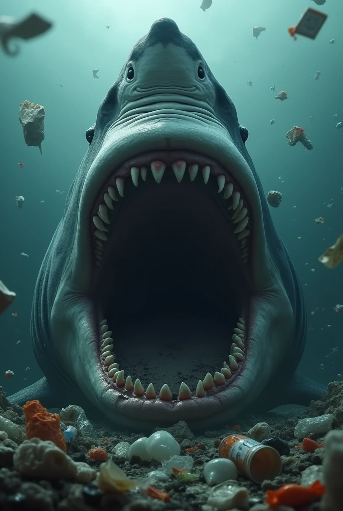 Megalodon with its mouth open facing upwards with plastic packaging around it. 