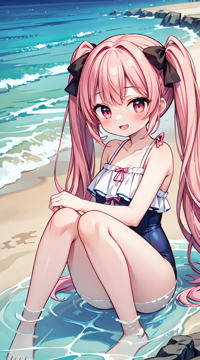 1girl, beautiful girl, cute girl and idol face, young face, smile, Beautiful long pink hair, twintails, Beautiful shining red eyes, white skin, slender, Short body, navy blue One-piece swimsuit, show full body, Summer Sea, Seaside, bathing beach, Girl playing with waves on the beach, Dynamic girl