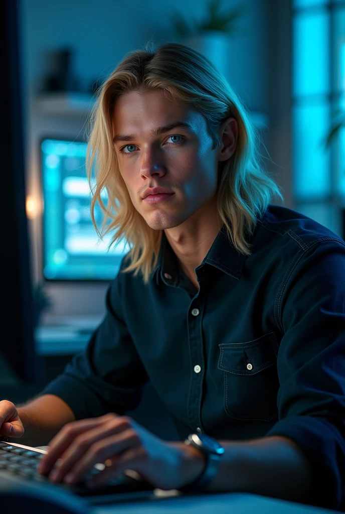 hyper realistic portrait of Dylan spouse, 22 years old, with long flowing blonde hair and blue eyes. male, guy, chiseled, handsome, he should have a natural, approachable expression and be lit by soft, blue light, canon eos r5, raw format, sitting in a dark computer lab, solving mystery, programmer career, modern office with detailed decoration is the setting