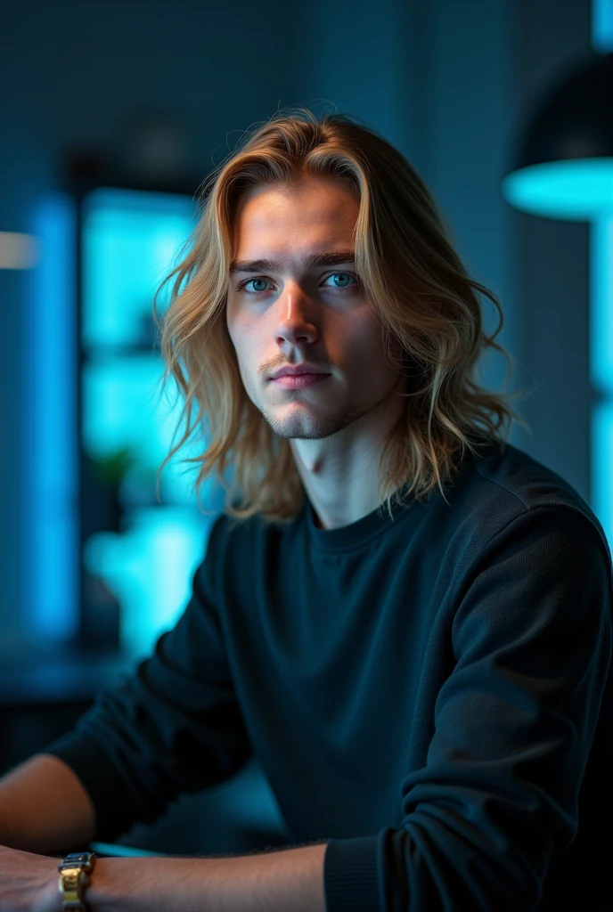 hyper realistic portrait of Dylan spouse, 22 years old, with long flowing blonde hair and blue eyes. male, guy, chiseled, handsome, he should have a natural, approachable expression and be lit by soft, blue light, canon eos r5, raw format, sitting in a dark computer lab, solving mystery, programmer career, modern office with detailed decoration is the setting