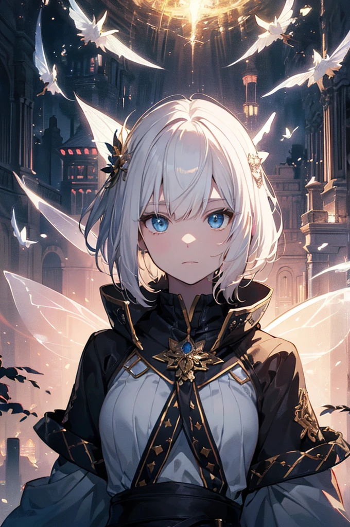 (fantasy illustration:1.5), (solo:1.2), (anime,8k,masterpiece, top quality, best quality,beautiful and aesthetic:1.2,professional illustrasion:1.1,ultra detail:1.3,perfect lighting), extremely detailed, highest detailed, incredibly absurdres, highres, ultra detailed, intricate:1.6, (boy), highly detailed beautiful face and eyes, beautiful hair, short hair, (white hair:1.4), ( glowing fairy costume:1.2), kirakira skin, (abstract:1.2), pretty, subesube, (small stature,medium breast), sense of speed, The Dagger Master,