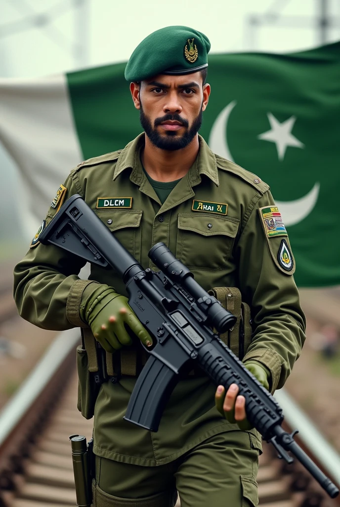 One man in Pakistani army clothes and with gun and Pakistani flag on Ralway