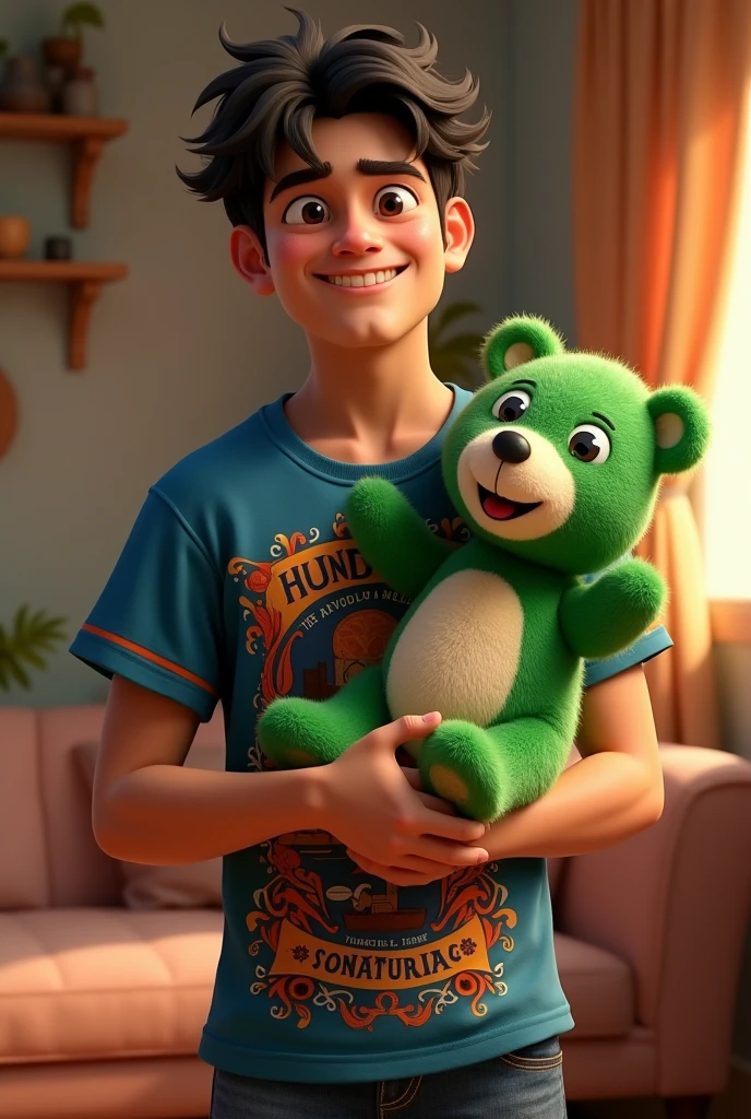 Male character with black hair, Honduras shirt and green and black teddy bear.