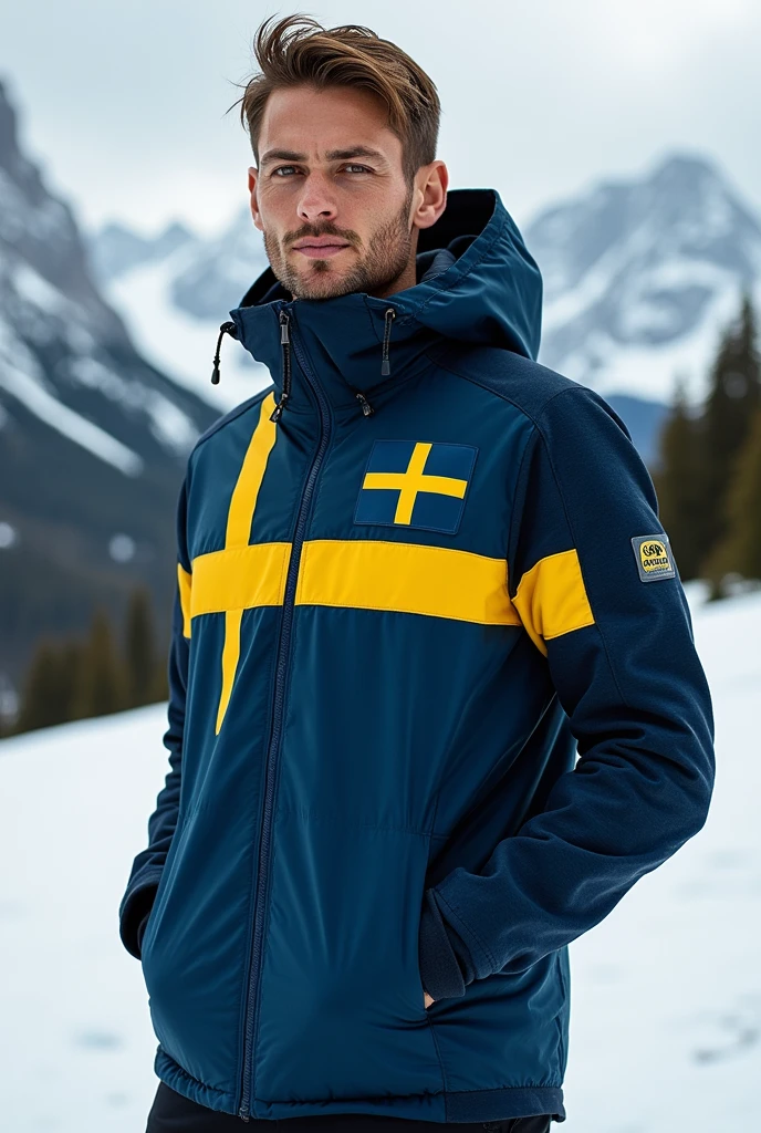make a nordic themed sweden team jacket with blue and yellow details 