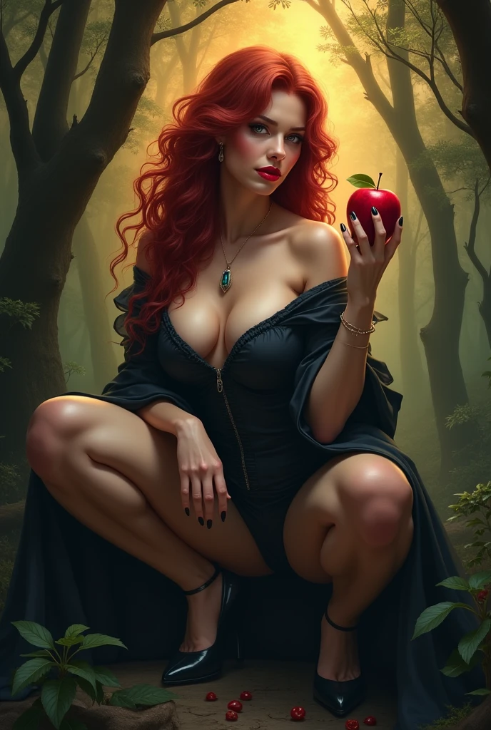 cowboy shot,Girl,red long hair，red Queen，big tits, cleavage, mid boob, unbuttoned, pretty belly button, slim waist, accessories, squatting, leg spread wide open, Apple in hand，Poison apples，Witch Queen，Red lipstick, in a mysterious forest, fiery  aura background