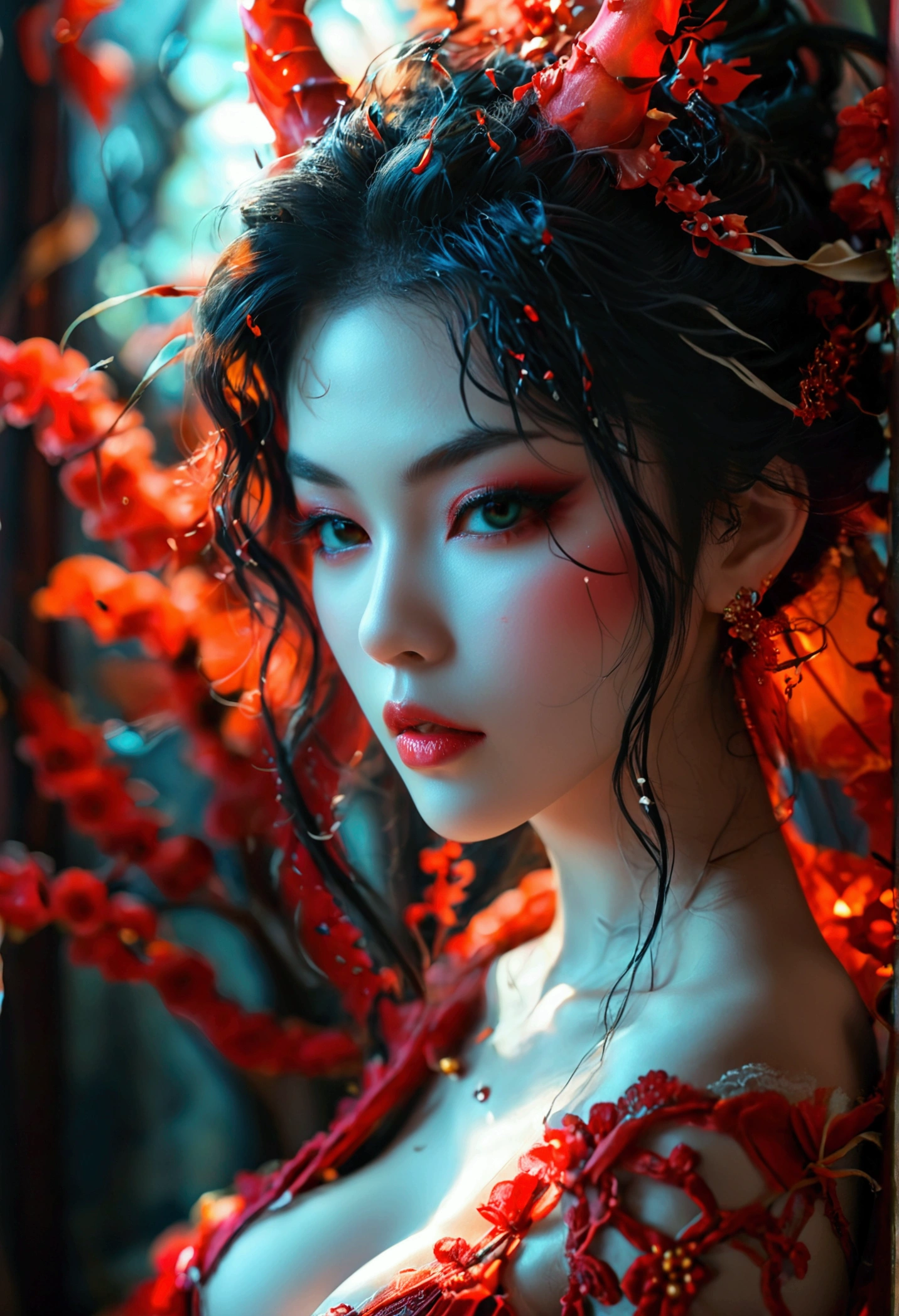 Create an image of the most stunningly gorgeous beautiful wicked oni shion, Stunningly gorgeous perfect feminine face, perfect makeup, detailed perfect silky smooth skin texture, detailed hour glass body figure, very long styled hair, shion spike lingerie,