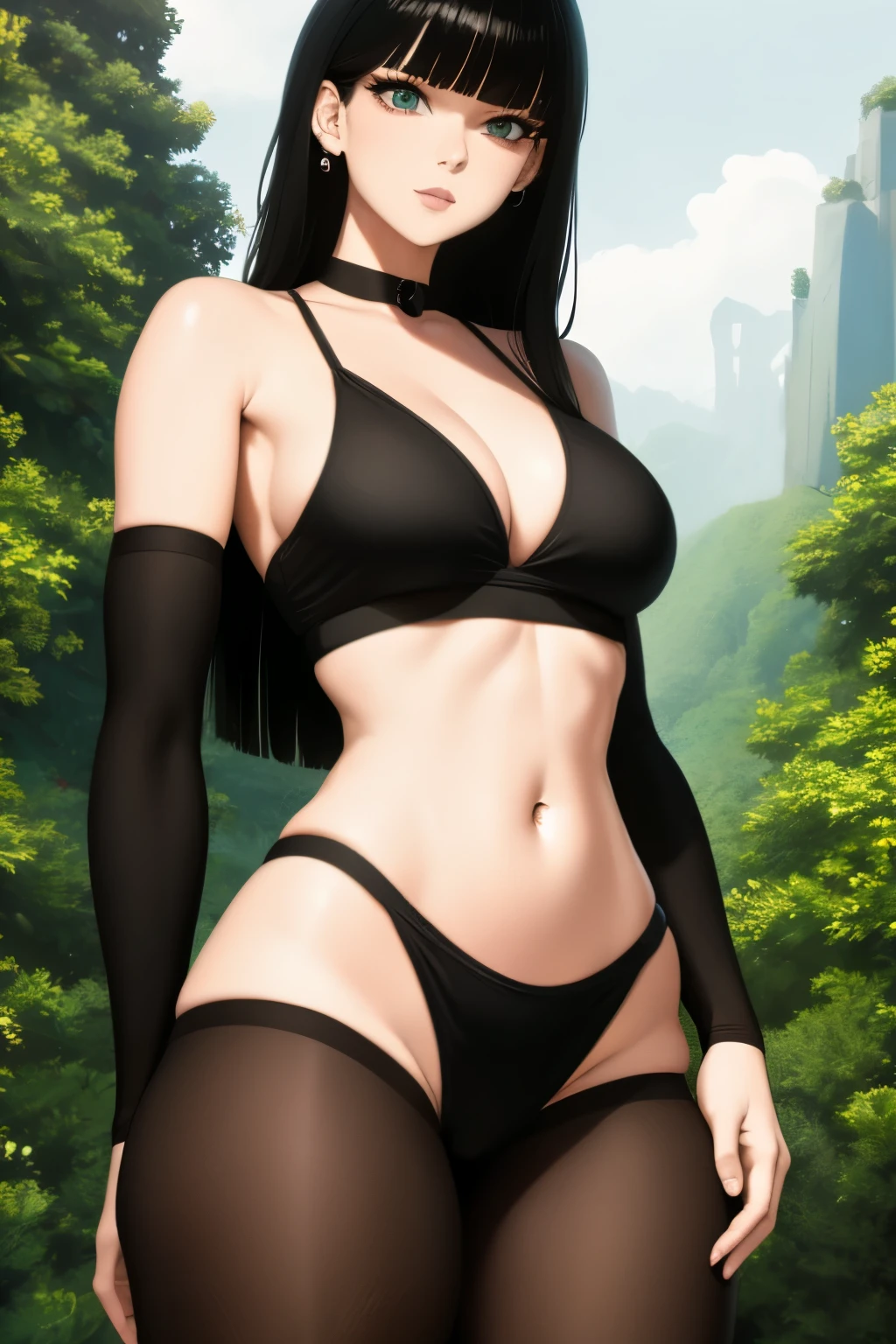 short, jet-black hair with blunt bangs that frame the face. Her eyes are a deep, captivating shade of brown. 5'4" with a slender, yet lush figure. bust measures 36C, waist a trim 24 inches, hips a shapely 36 inches, girl, young 19,