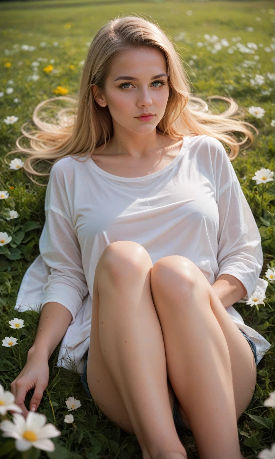 score_9, score_8_up, score_7_up, photo, girl, blonde, white shirt, lying in a field of flowers, looking at the viewer, soft lighting, depth of field, bokeh