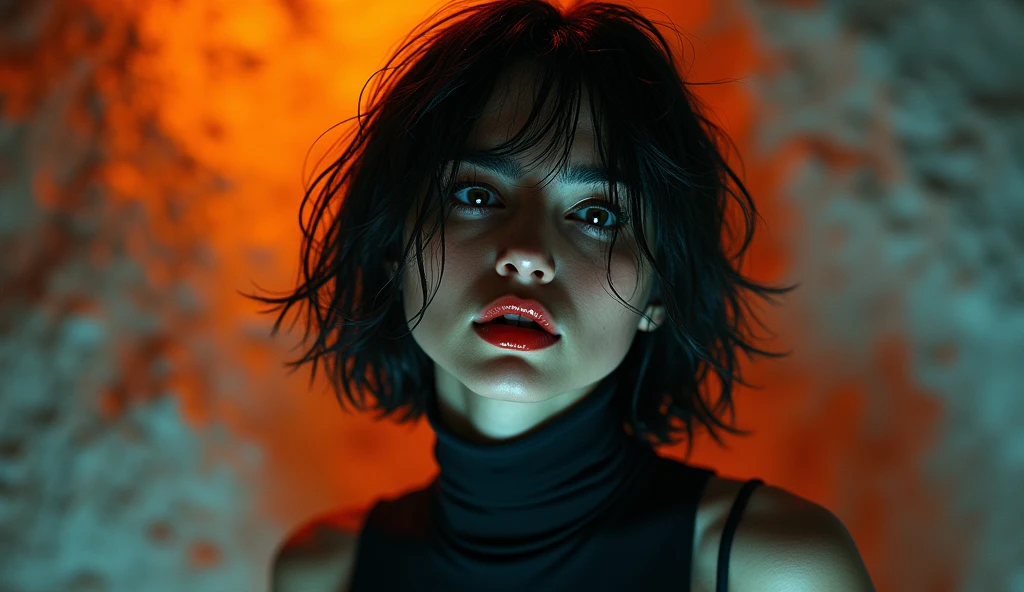 ultra-detailed, realistic, wallpaper,woman, disheveled, hard breath, bob cut, sexual tension, red lips, sexy despair, sweat, desperation loosing control, turtleneck, void, abstract, orange blue,