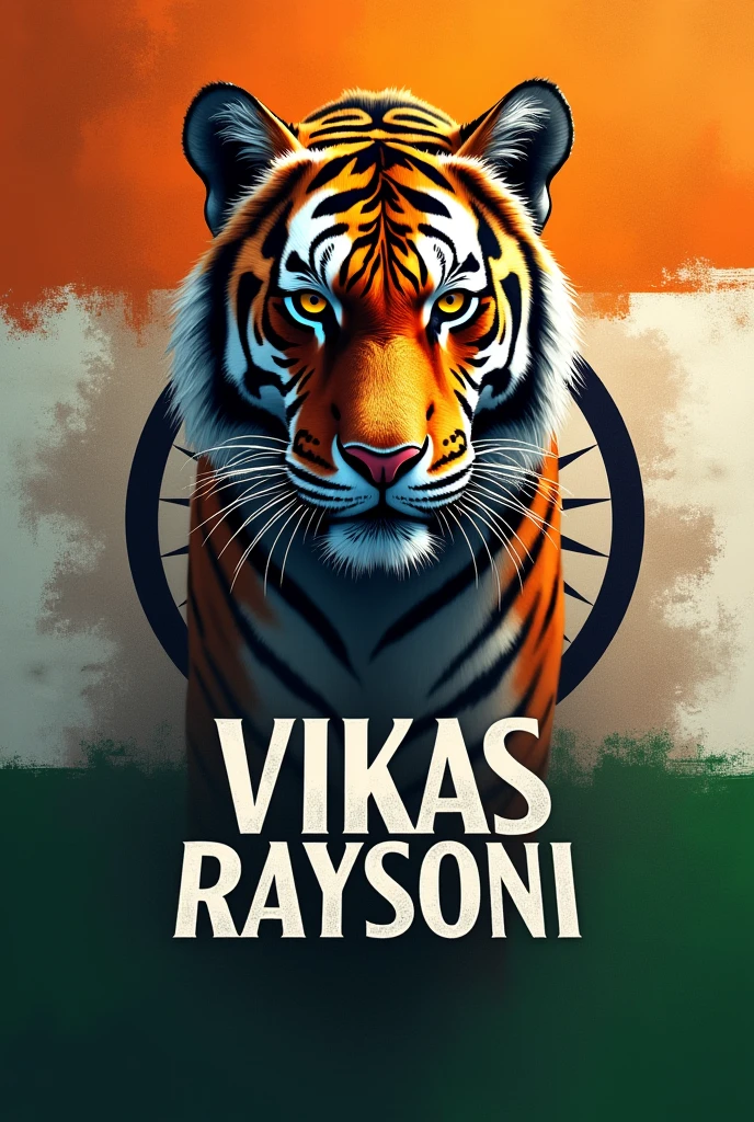 NAME VIKAS RAYSONI AROUND INDIA FLAG WITH TIGER IN BACKGROUND