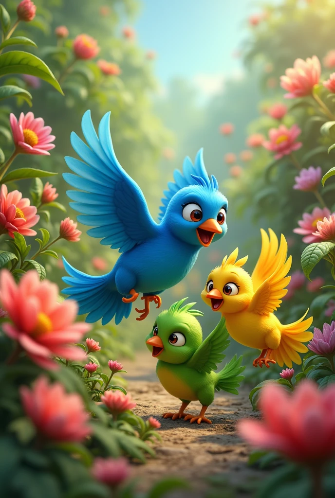The birds (blue, yellow and green) playing joyfully among a variety of colorful flowers and greenery.