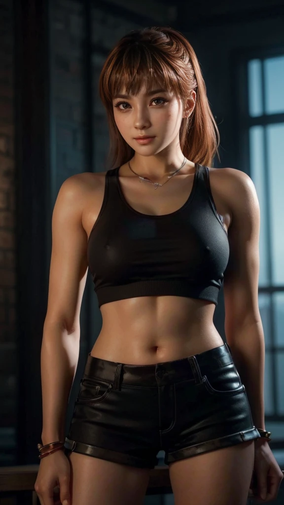 kasumi, eyes browns, (best qualityer, ultra detail), (realisitic:1.37), beautiful and detailed face, ultra-realisitic texture, Exquisite face, Delicate body, red lipgloss stick, shiny colors. High definition, 8k, expression a slight cute smile