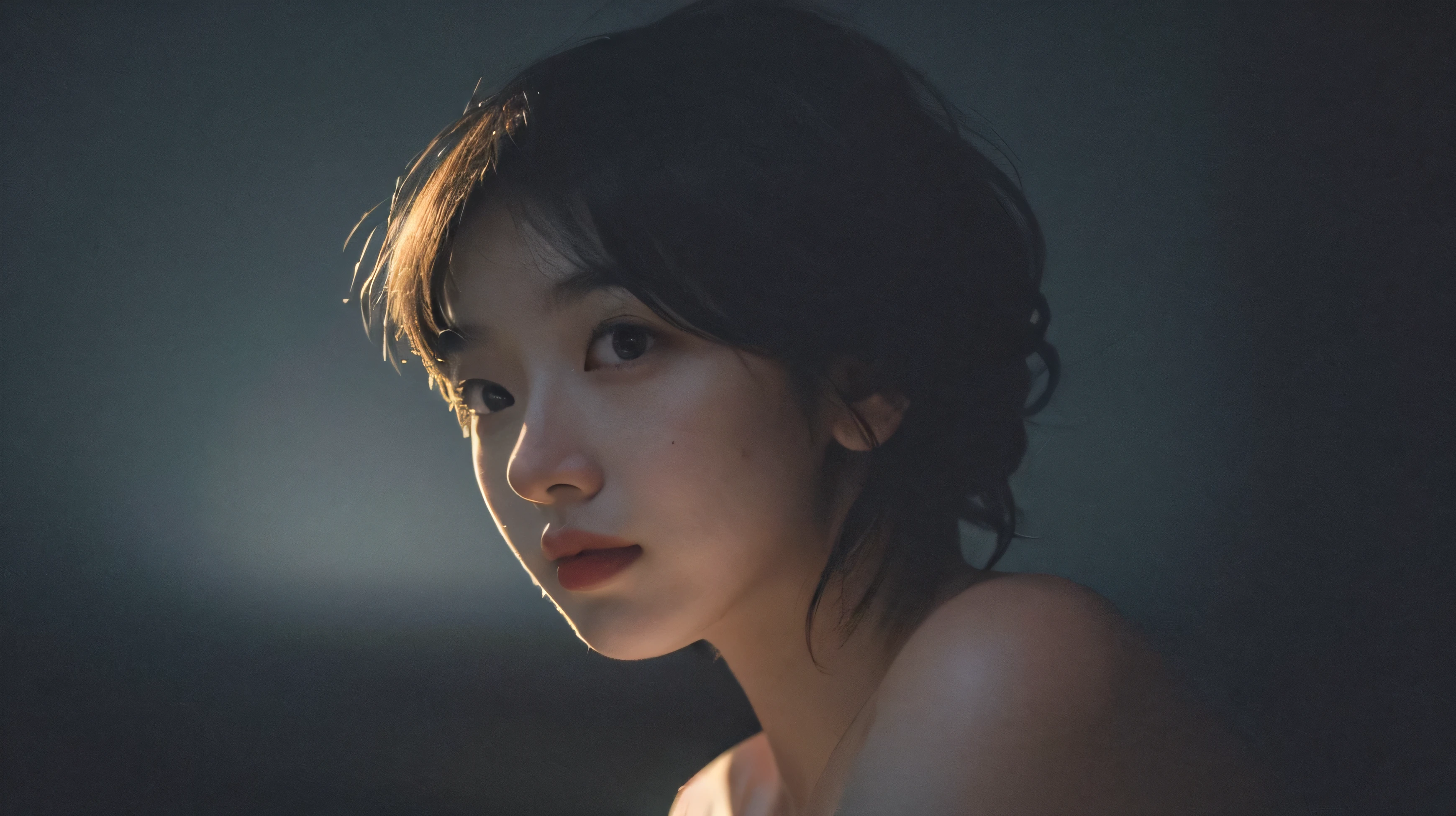 Best quality, masterpiece, ultra high res, (photorealistic:1.5), raw photo, 1girl, offshoulder, in the dark, deep shadow, low key, cold light, sexy look, short hair