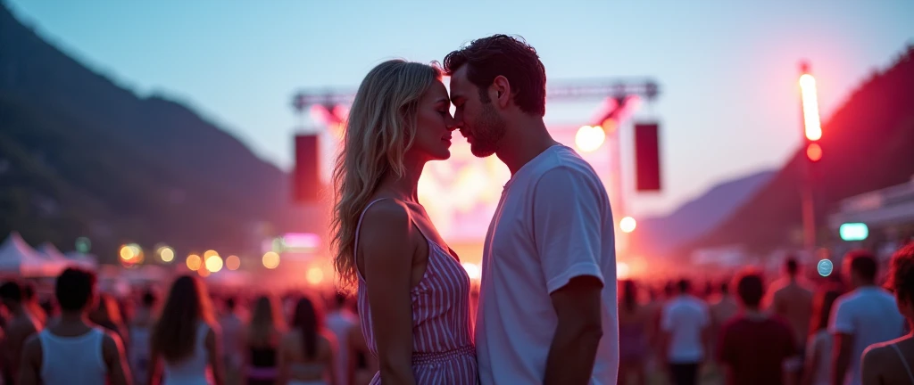 Create a realistic photo of a woman and a man dressed in pastel-colored summer outfits, standing face-to-face with the camera at an electro house festival in the mountains. The background should showcase the vibrant festival atmosphere with colorful lights, a stage, and a lively crowd, all set against a breathtaking mountain backdrop. The couple should be positioned at the forefront, appearing relaxed and stylish, with their pastel clothing standing out against the dynamic and energetic festival scene. The lighting should emphasize both the couple and the stunning natural surroundings