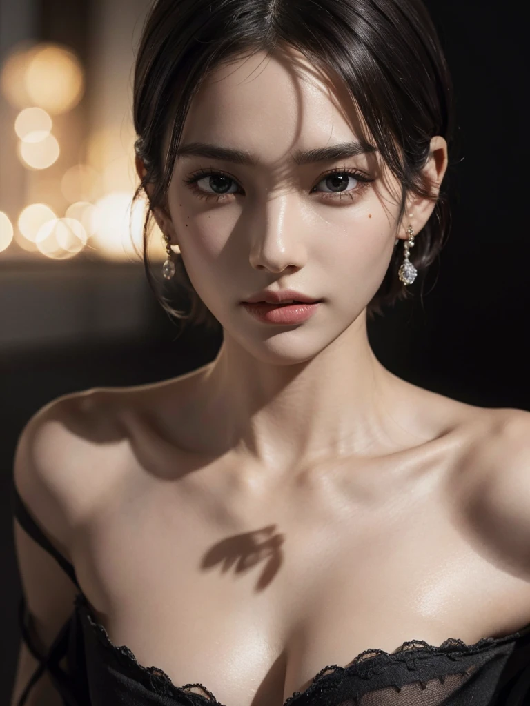 absurdres, RAW photo, extremely delicate and beautiful, masterpiece, Best Quality, ultra high resolution, 32k, hyper realistic, ultra-detailed, Very detailed CG 8k wallpaper, detailed background, landscape, Beautiful Lighting, Perfect Lightning, Realistic Shadows, perfect anatomy, anatomically correct, ideal ratio body proportions, perfect figure, Perfect Style, Perfect balance, super Detailed skin, in her 30s, very Slim body, narrow waist, very small head, very small face, delicate facial features, handsome detailed woman, very detailed eyes and face, realistic face proportions, Realistic beautiful face, Realistic beautiful eyes, tearful mole, earring, very huge round tits, medium short hair, asymmetrical hair, wavy hair, collared shirt, (bare foot), clavicle,