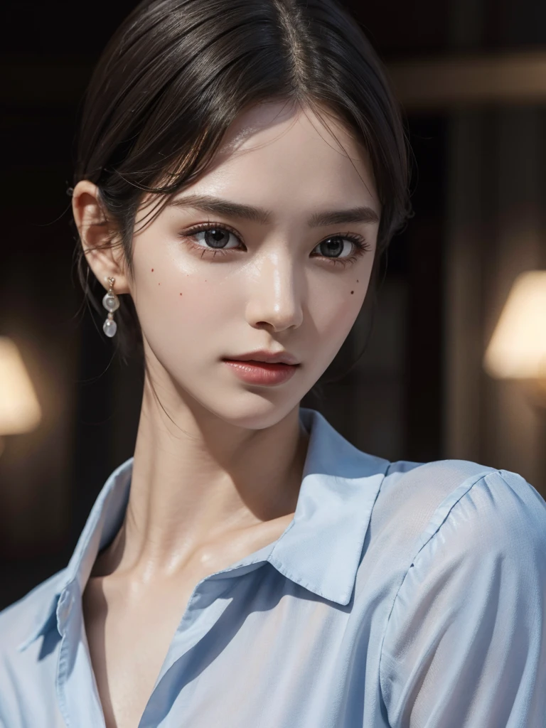 absurdres, RAW photo, extremely delicate and beautiful, masterpiece, Best Quality, ultra high resolution, 32k, hyper realistic, ultra-detailed, Very detailed CG 8k wallpaper, detailed background, landscape, Beautiful Lighting, Perfect Lightning, Realistic Shadows, perfect anatomy, anatomically correct, ideal ratio body proportions, perfect figure, Perfect Style, Perfect balance, super Detailed skin, in her 30s, very Slim body, narrow waist, very small head, very small face, delicate facial features, handsome detailed woman, very detailed eyes and face, realistic face proportions, Realistic beautiful face, Realistic beautiful eyes, tearful mole, earring, very huge round tits, medium short hair, asymmetrical hair, wavy hair, collared shirt, (bare foot), clavicle,
