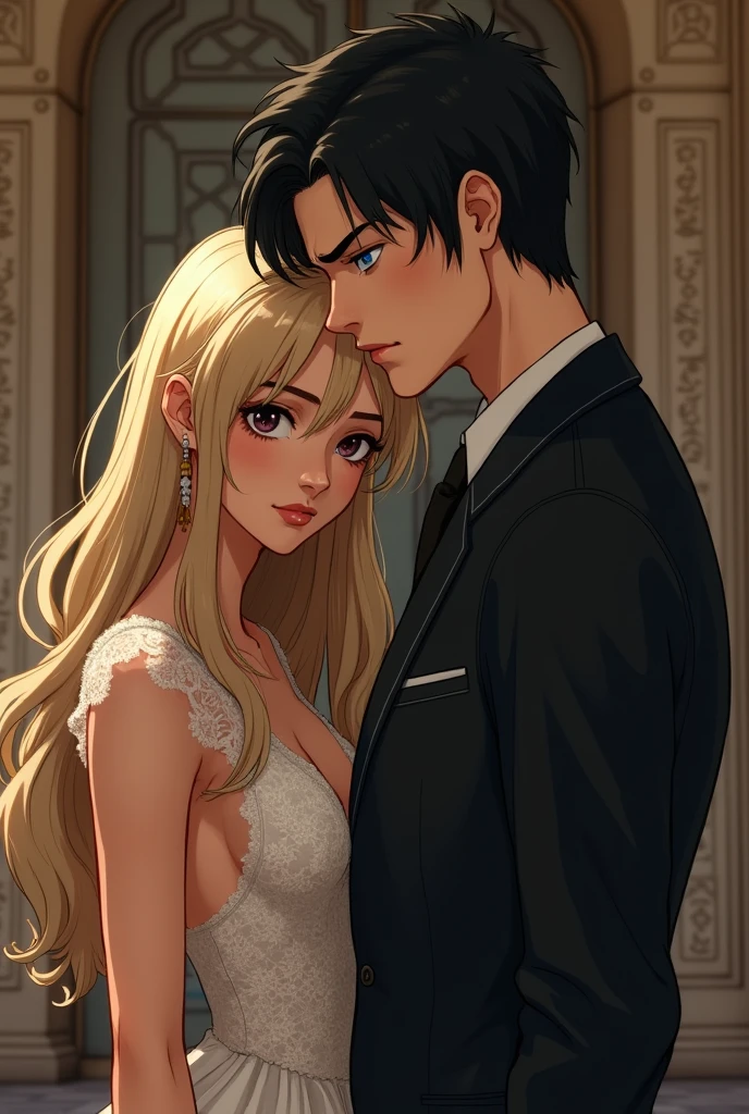 A girl with blonde hair and brown eyes stands next to a tall boy with black hair and blue eyes. They are forced to marry and hate each other, their faces contorted in anger. Real people.