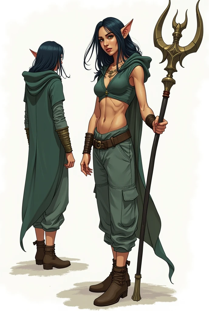 (character sheet),solo, highlighted black hair, baggy pants ,line art , dark green robe, hoodie,3 different angles, highly detailed body parts, elf ears,muscular, staff ,brown boots, tall thin female warrior
