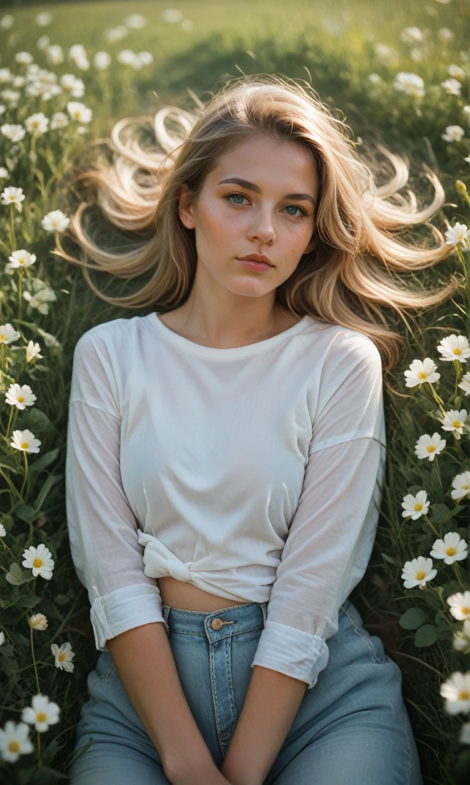 score_9, score_8_up, score_7_up, photo, girl, blonde, white shirt, lying in a field of flowers, looking at the viewer, soft lighting, depth of field, bokeh
