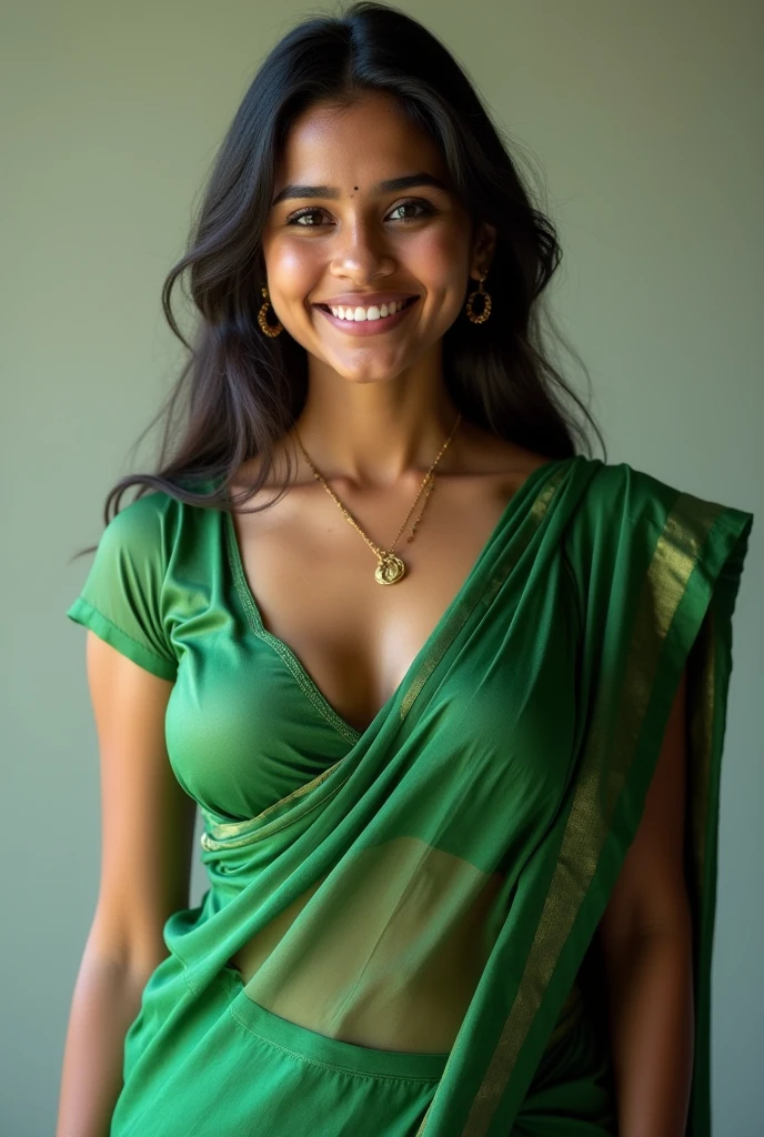 27yo tamil light chubby woman, green saree, navel, deep clevage