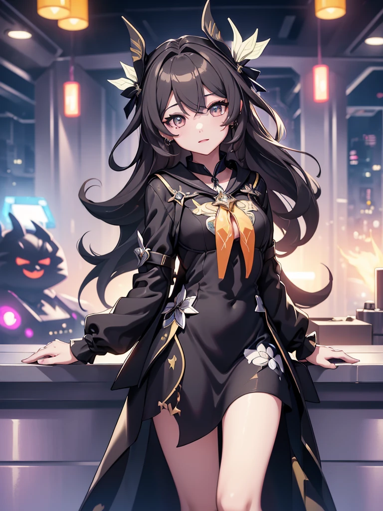 (Firfly from Honkai starrail game), 1girl, wearing a black colour stylish party frock, at a night party, 8k, high detailed, high quality