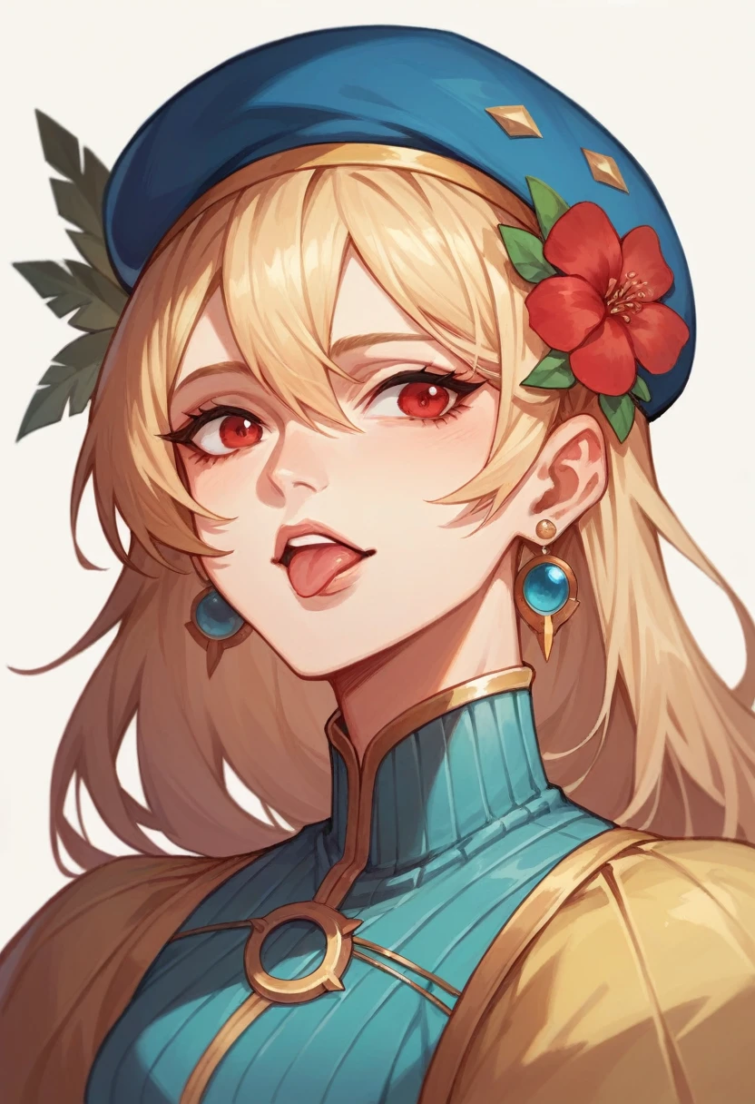 A Red-Eyed Man, Hair Ornament, headband, Parted Lips, Earrings, hair flower, Langue Sortie, spark, aureole, Beret, Best Quality, Anatomie correcte, 