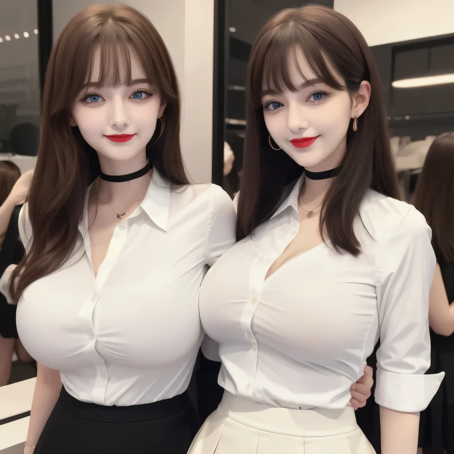 100 Girls,Crowded, Long Hair, Brown Hair, No sleeve, sexy, our line, Girls waiting in line, only, Sisters, ((Tight ivory white shirt、mini skirt)),Full body photo:1.9, Adorable, smile, Slim face, the body is slim, Short Brown Hair, 32K, masterpiece, Best image quality,Ultra-high resolution,Perfect hands,Black choker、blue eyes、bangs、Very lush and long eyelashes, lots of、((Big Breasts)), Dependents, Big Breasts, Red lipstick