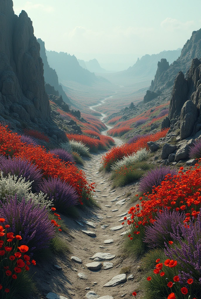 A bleak landscape with a path full of poppies, Nightshade and henbane