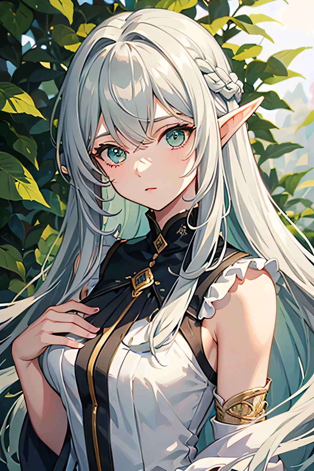 20-year-old Elf princess Gray Hair Long Hair Green Eyes Droopy eyes dress