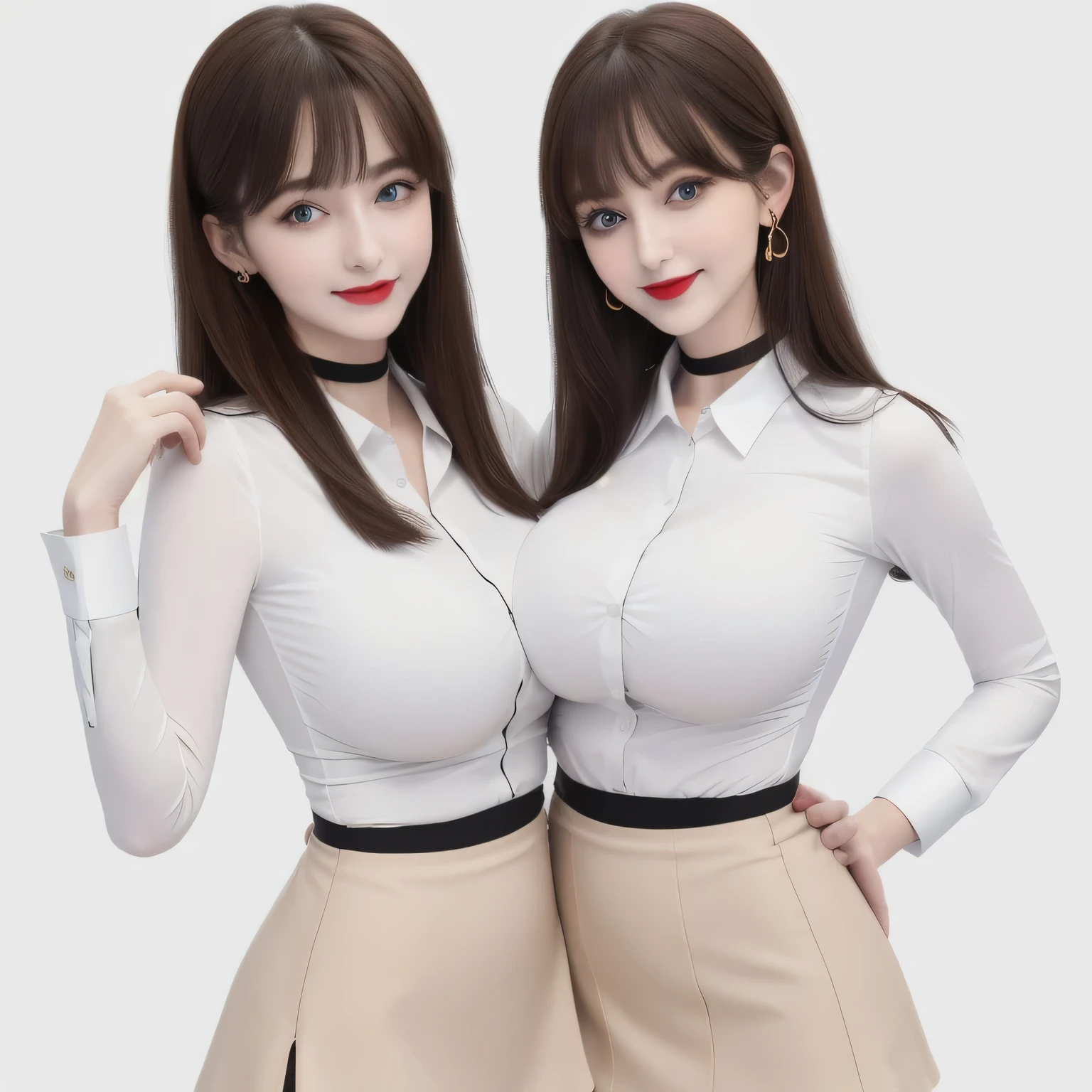 100 Girls,Crowded, Long Hair, Brown Hair, No sleeve, sexy, our line, Girls waiting in line, only, Sisters, ((Tight ivory white shirt、mini skirt))，Full body photo:1.9， Adorable， smile， Slim face, the body is slim， Short Brown Hair， 32K, masterpiece， Best image quality，Ultra-high resolution，Perfect hands，Black choker、blue eyes、bangs、Very lush and long eyelashes, lots of、((Big Breasts)), Dependents, Big Breasts, Red lipstick