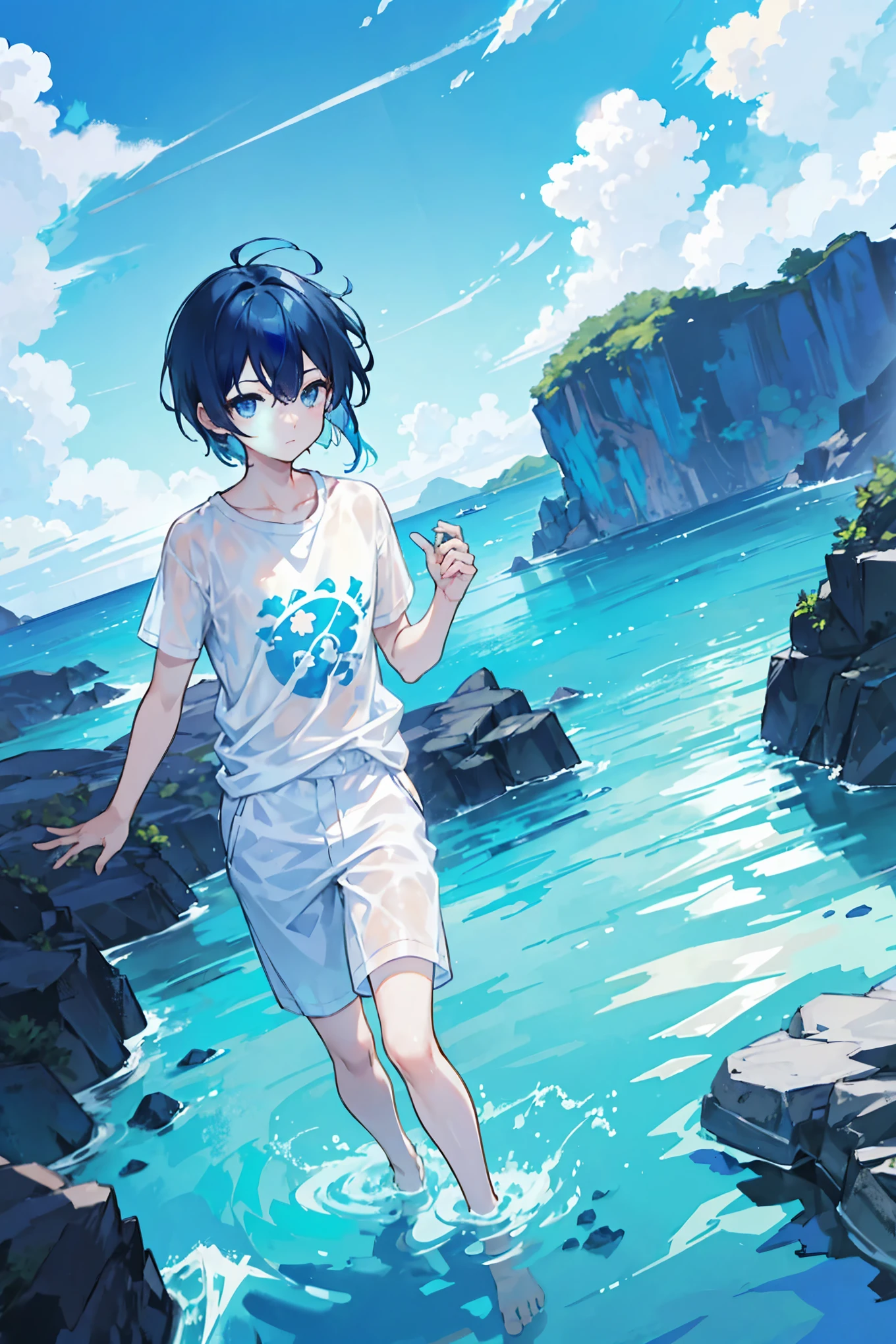 Blue Sky Day、standing barefoot in the shallows of the translucent blue sea、With short, dark blue hair、White t-shirt and short-sleeved blue suit jacket、Wearing black trousers that reach down to the knees、youth、male、