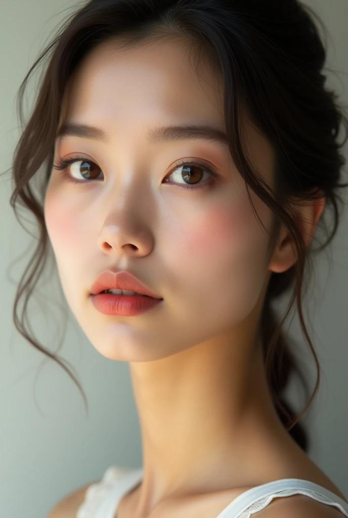Photo portrait ultra réaliste femme asiatique 4K, yeux en amande, visage long, front voyant, nez fin long, bouche, lèvre légèrement rouge, sourcils fins, peau bronzée