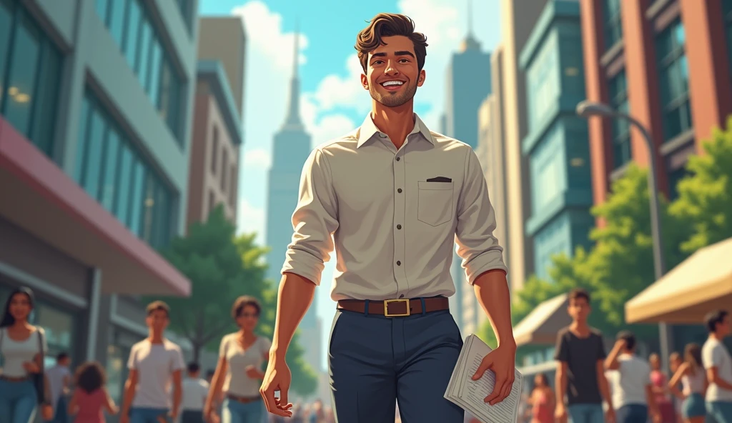 Job as an Office Boy: "A young man in simple clothing, running through the busy streets of São Paulo, holding papers while smiling, determined to make his way."