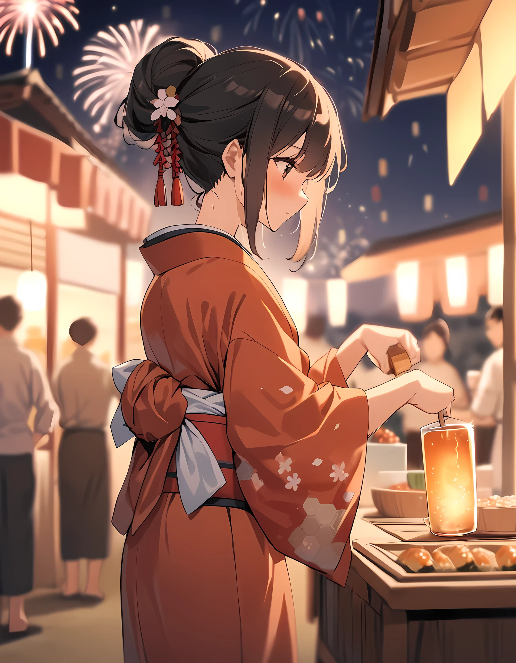 score 9,score 8 up,1girl,solo,kimono,black hair,long hair,tied hair,Finishing the drink,night,Japanese festival,fireworks,sweat,food stall,(blurry background),(blurry),(depth of field),(photography),cowboy shot,perspective,side view,