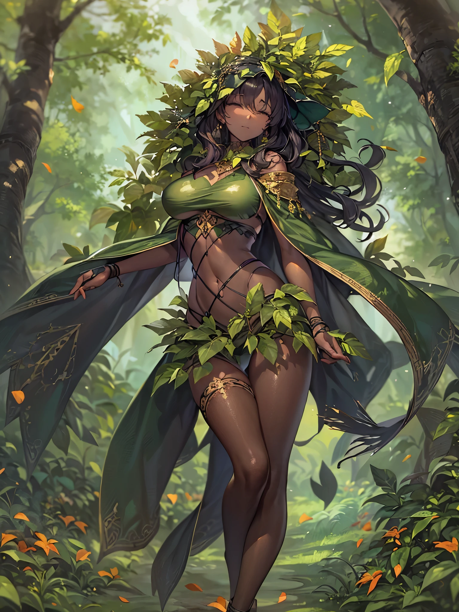fantasy, 1forest_elemental_girl, (dark_skin)0.9, (using_leaves_clothes, green_leaves_covered_breasts, leaves_covered_pussy),large_breasts, walking, (smile, sleepy)+, medium_hair, navel, oil, (winding_vine_around_torso)++, forest_background, leaves_headgear, green_leaves_cape,armpits, spread_arms, large_staff, thighhighs, plump,