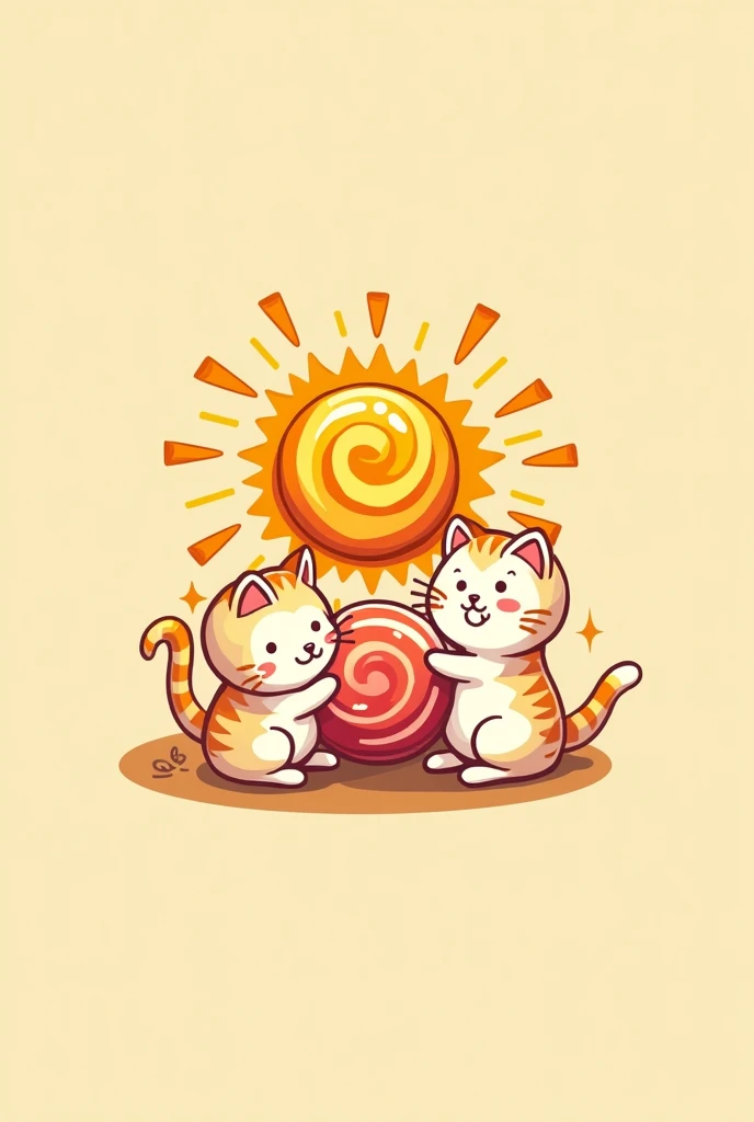 Make a logo for a candy company, that have a sun that is a candy, and two kittens 
.