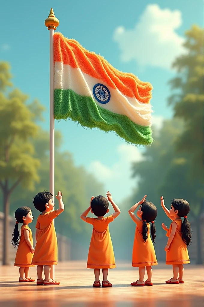 Some children standing and saluting Indian flag made of ice cream