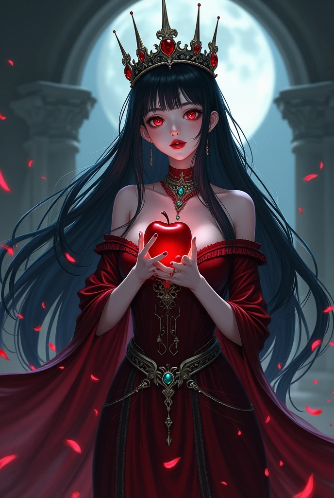 Anime Girl,Black long hair，anime Black Queen，accessories，Apple in hand，Poison apples，Witch Queen，Red lipstick