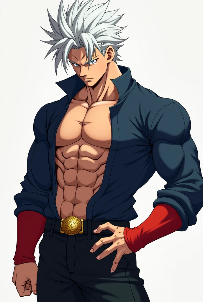He's a male anime character with an athletic physique, wearing a dark blue long-sleeved jacket with the zipper slightly open. His arms are bare except for a red band that covers his entire forearm, leaving only his fingers visible. He wears black pants with a gold belt. He has spiky white hair with two strands of hair acting as bangs.