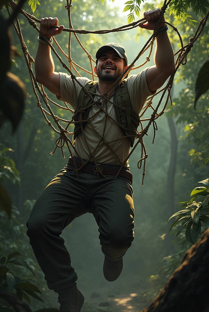 person wearing a cap caught in a net trap